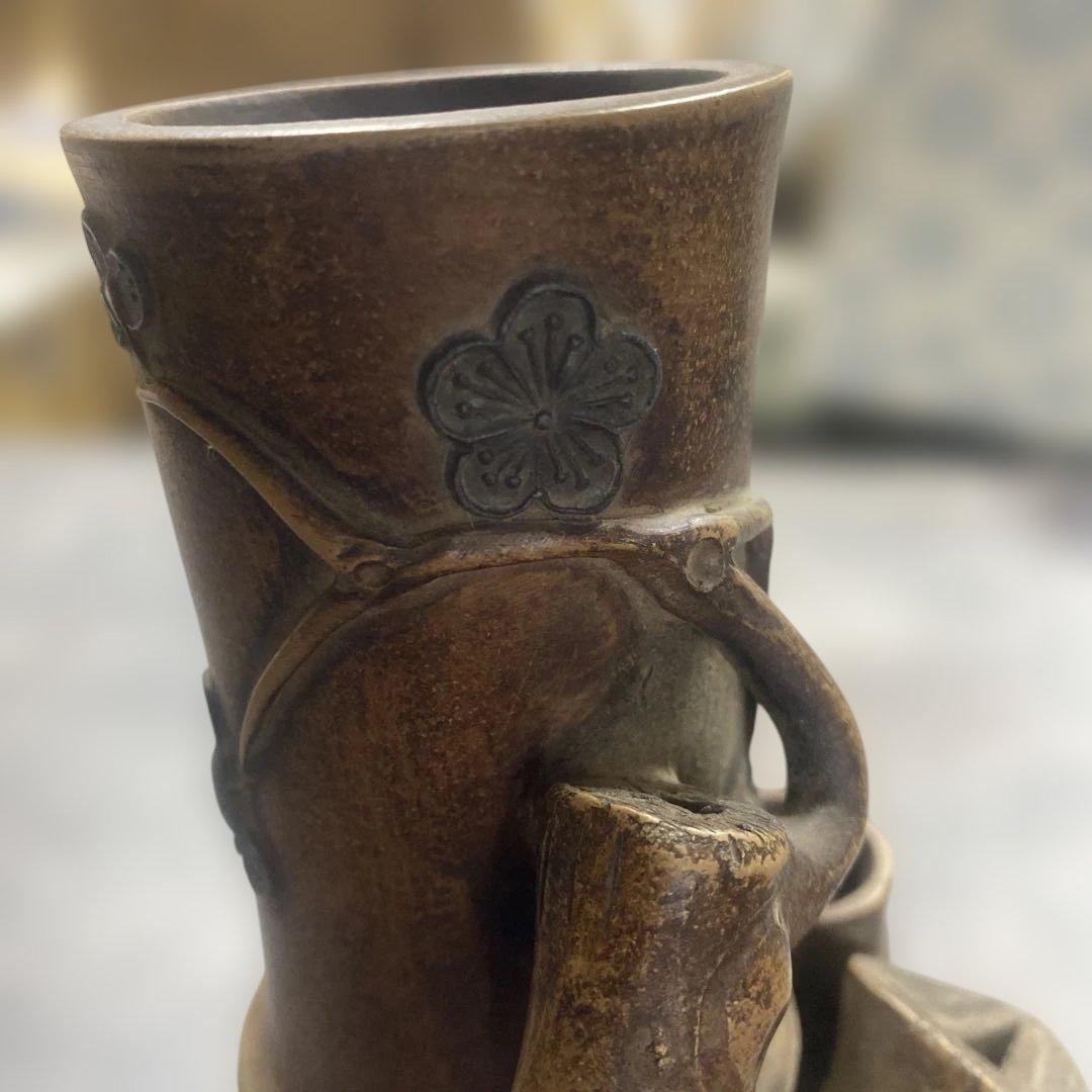 花瓶　置物　中国美術　竹形朱泥　紫砂　アンティーク