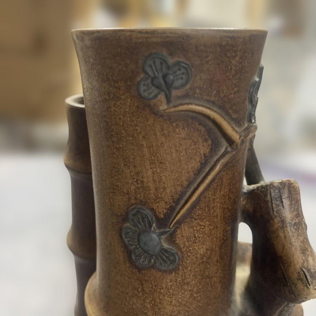 花瓶　置物　中国美術　竹形朱泥　紫砂　アンティーク