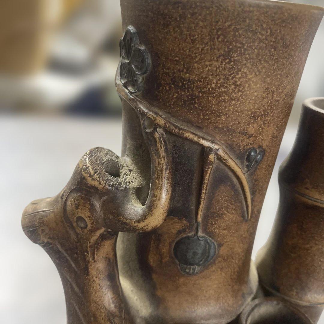 花瓶　置物　中国美術　竹形朱泥　紫砂　アンティーク