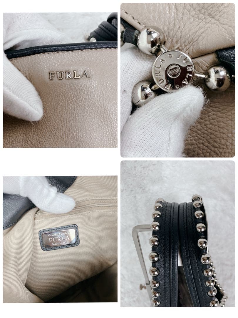 極美品✨希少　FURLA フルラ　トートバッグ　A4可　スタッズ　本革　ベージュ