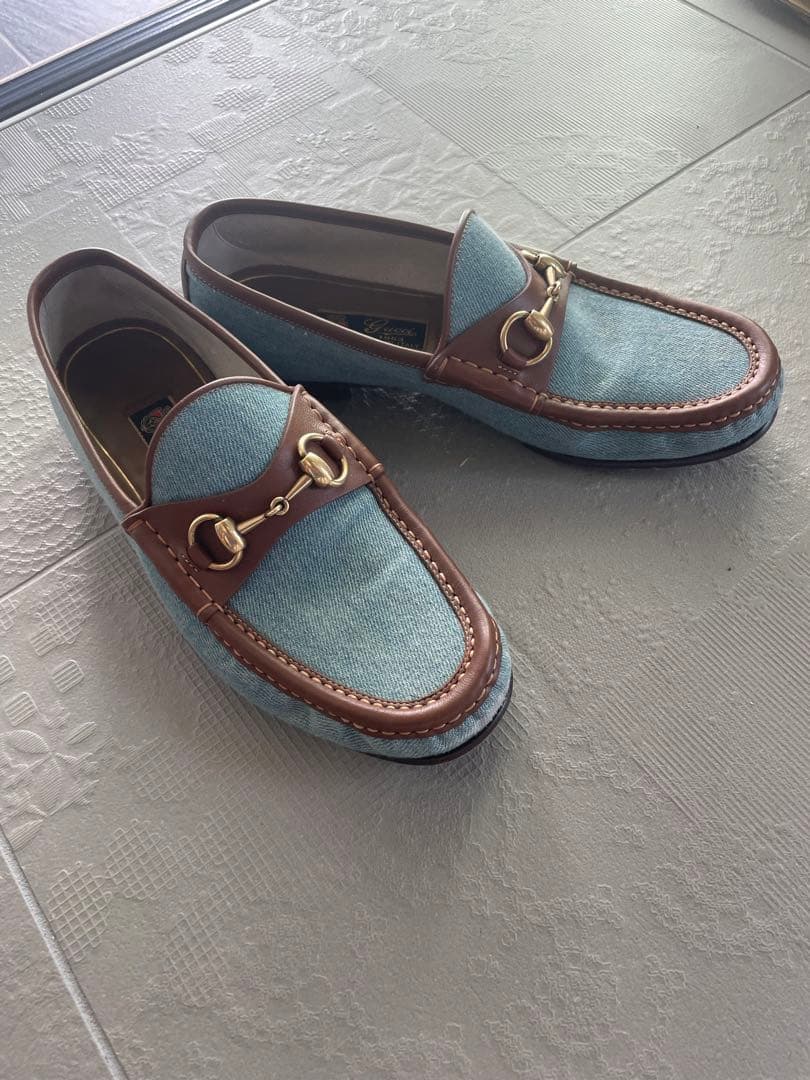 GUCCI グッチデッキシューズ　美品　7サイズ26センチ　ブルー✖️茶色