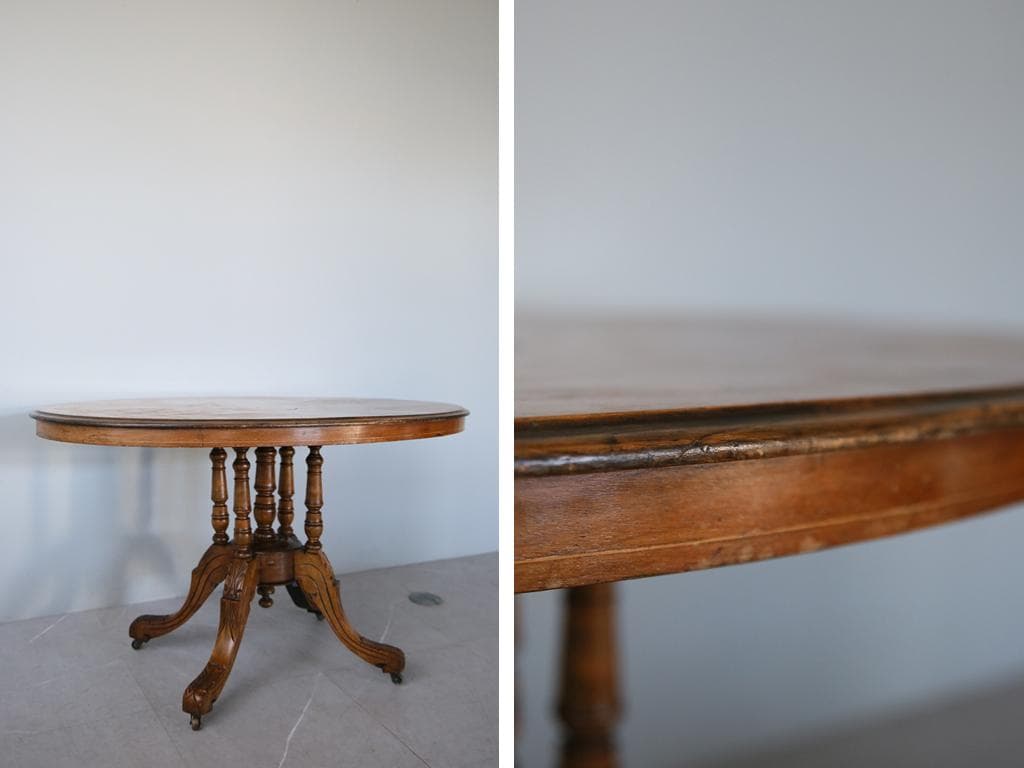 英国アンティーク木製オーバルテーブル/サイドテーブル机/飾り棚(91-64)