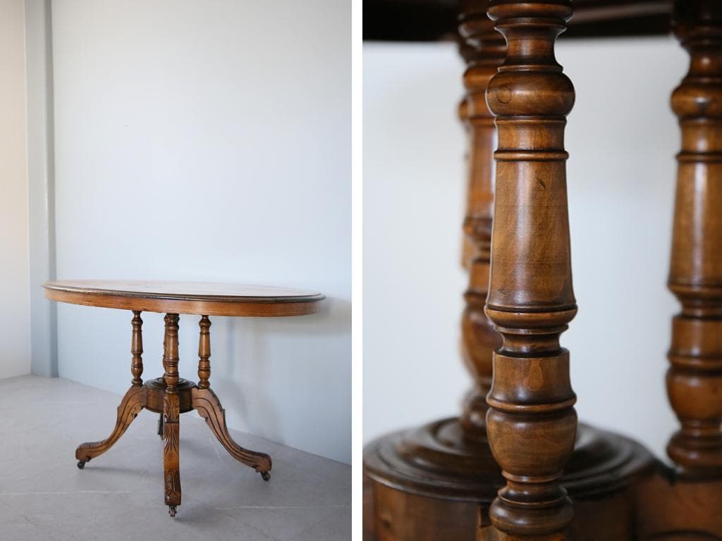 英国アンティーク木製オーバルテーブル/サイドテーブル机/飾り棚(91-64)