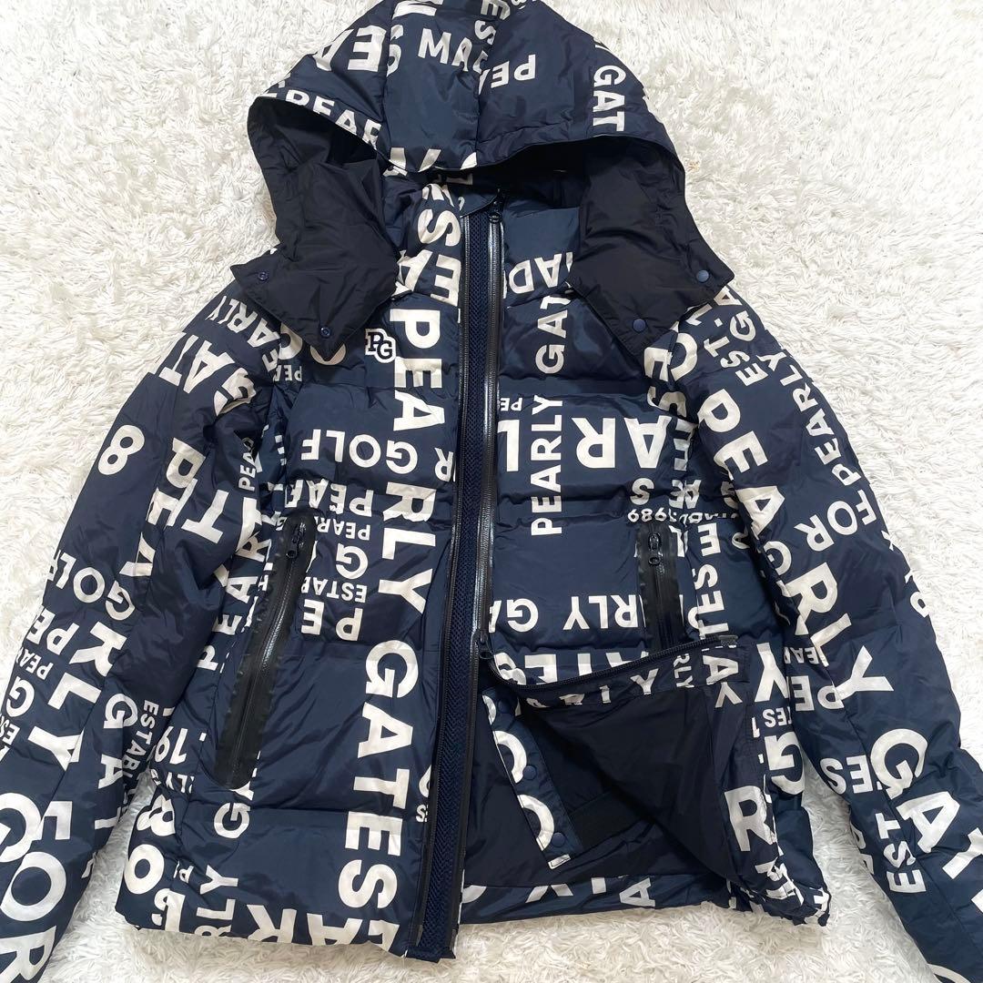 極美品 パーリーゲイツ ダウンジャケット 2way ロゴ総柄 0サイズ ネイビー