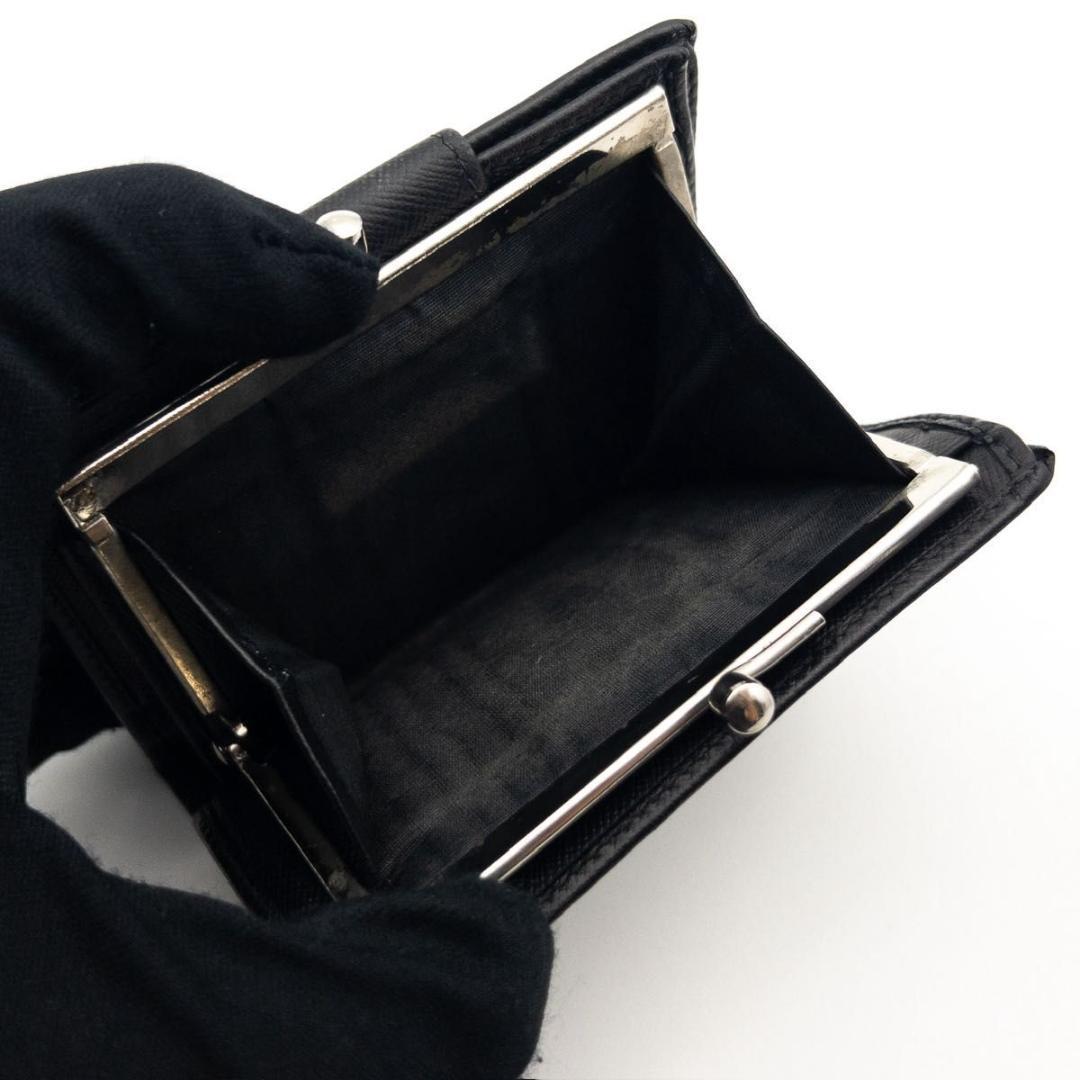 【極美品】PRADA サフィアーノレザー　がま口財布　三角ロゴ　黒　二つ折り財布