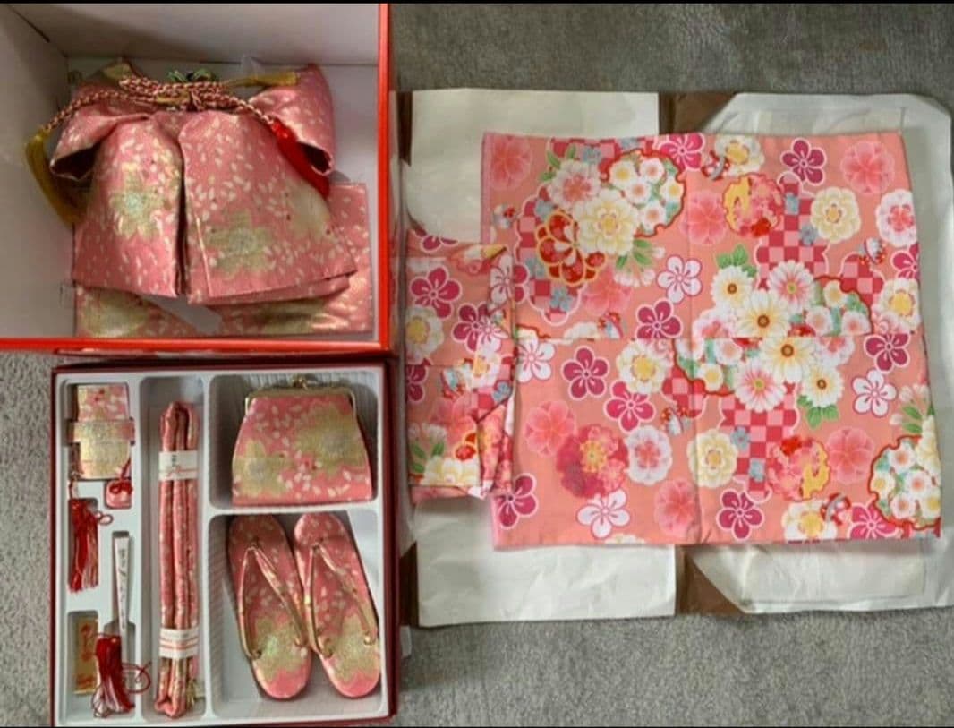 七五三 女の子 着物 帯 小物 セット 赤とピンク 花柄 さくら 7歳 式部浪漫