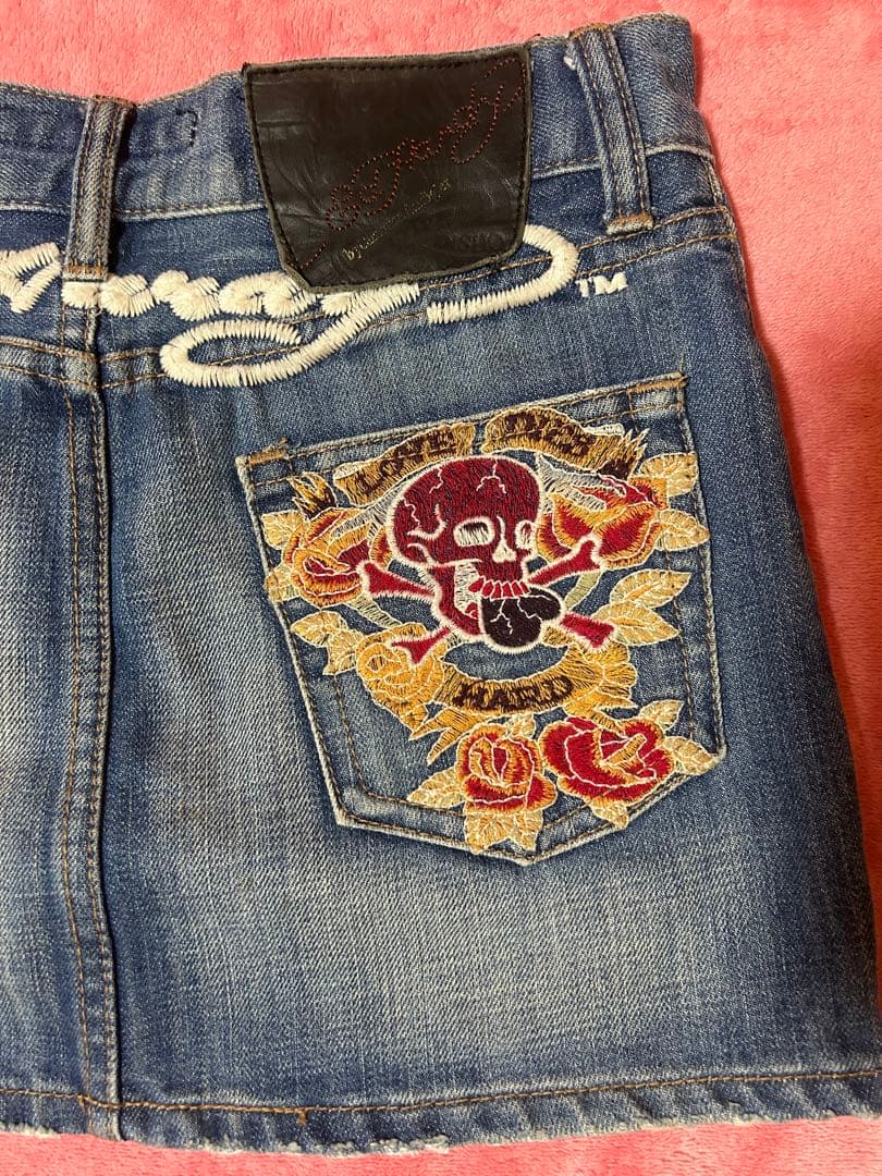 Ed Hardy スカル薔薇ロゴ刺繍　デニムミニスカート