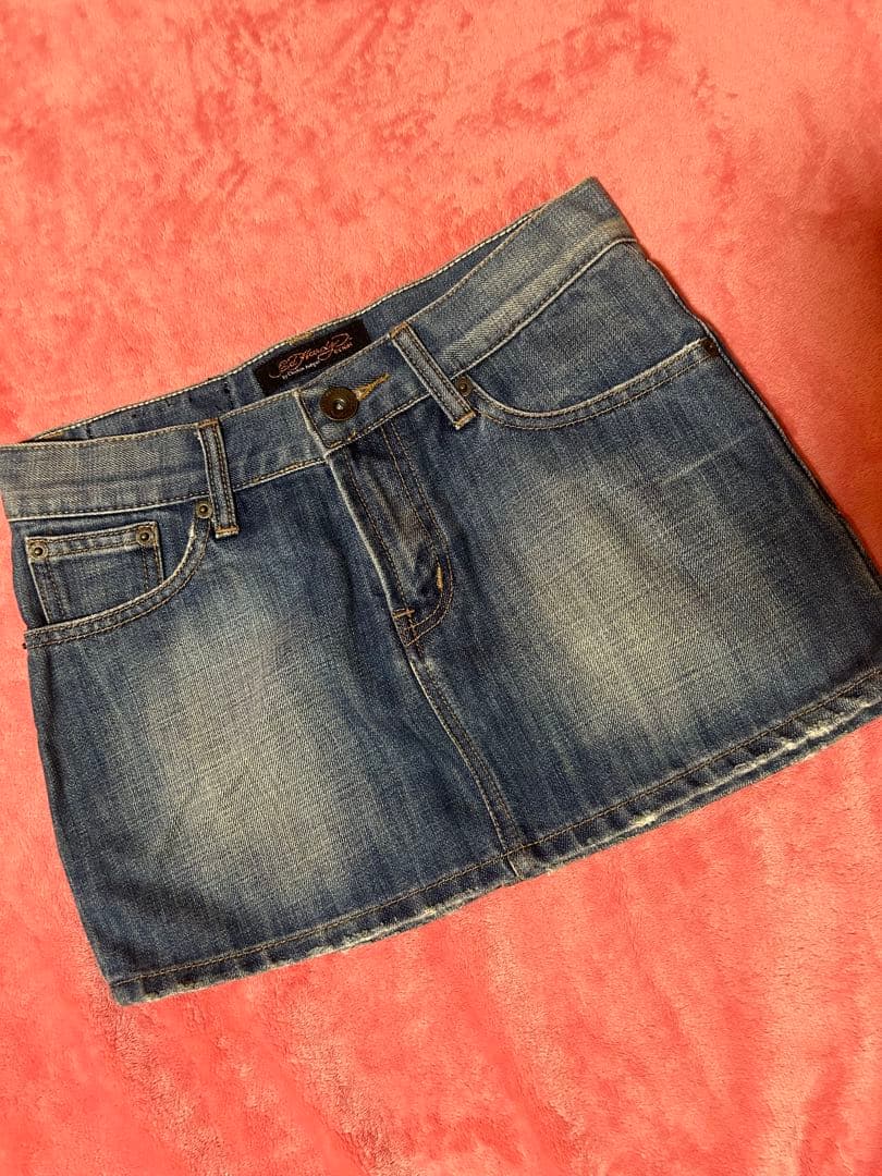 Ed Hardy スカル薔薇ロゴ刺繍　デニムミニスカート