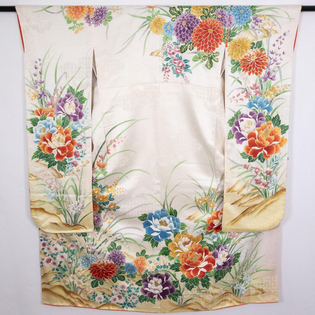 R7SK1314 振袖+帯 2点セット 金彩 草花 豪華 アイボリー 高身長