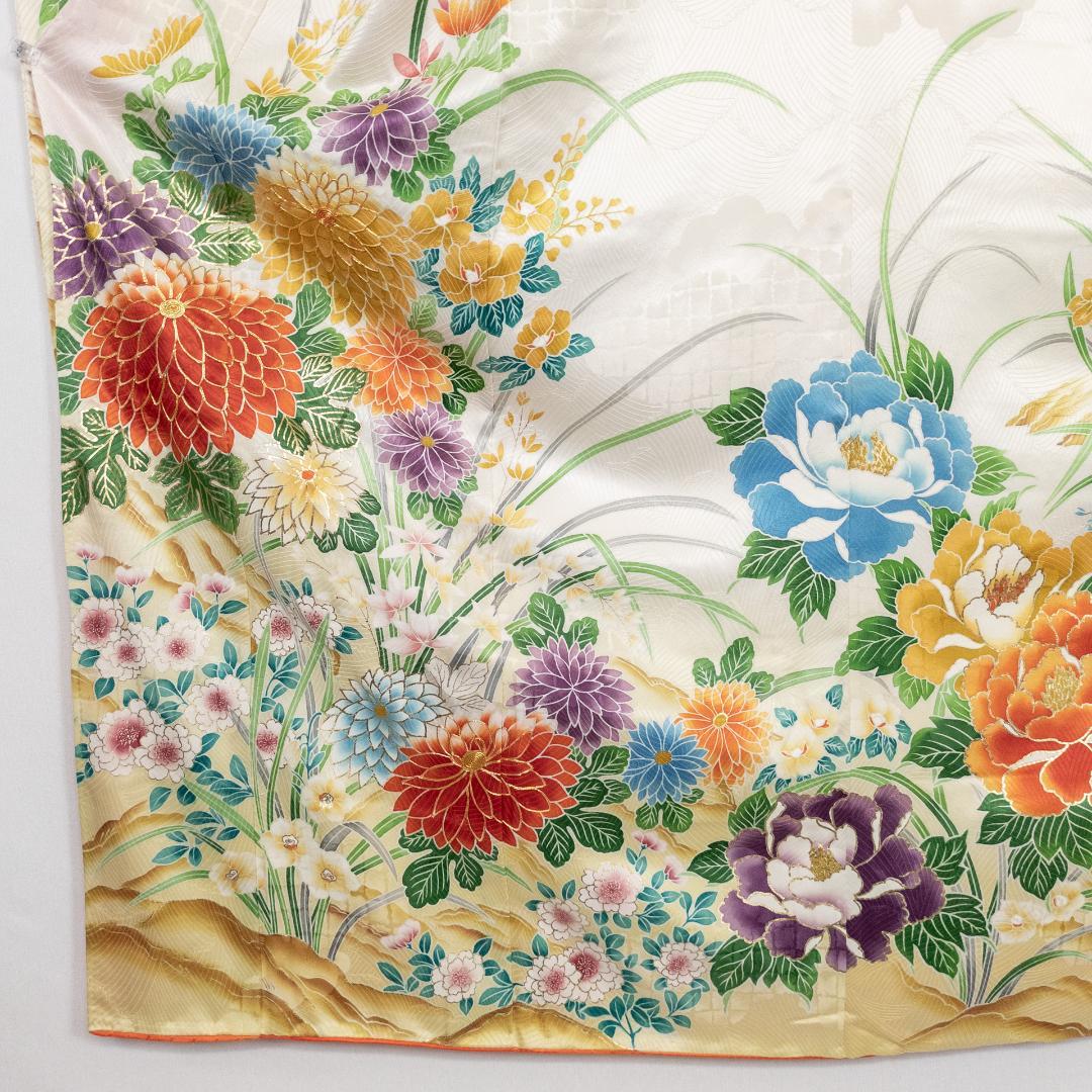 R7SK1314 振袖+帯 2点セット 金彩 草花 豪華 アイボリー 高身長