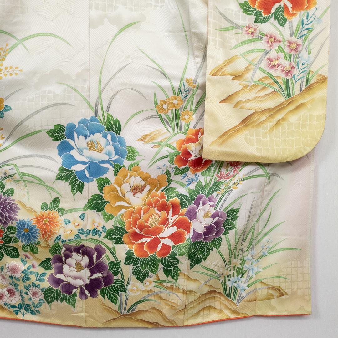 R7SK1314 振袖+帯 2点セット 金彩 草花 豪華 アイボリー 高身長