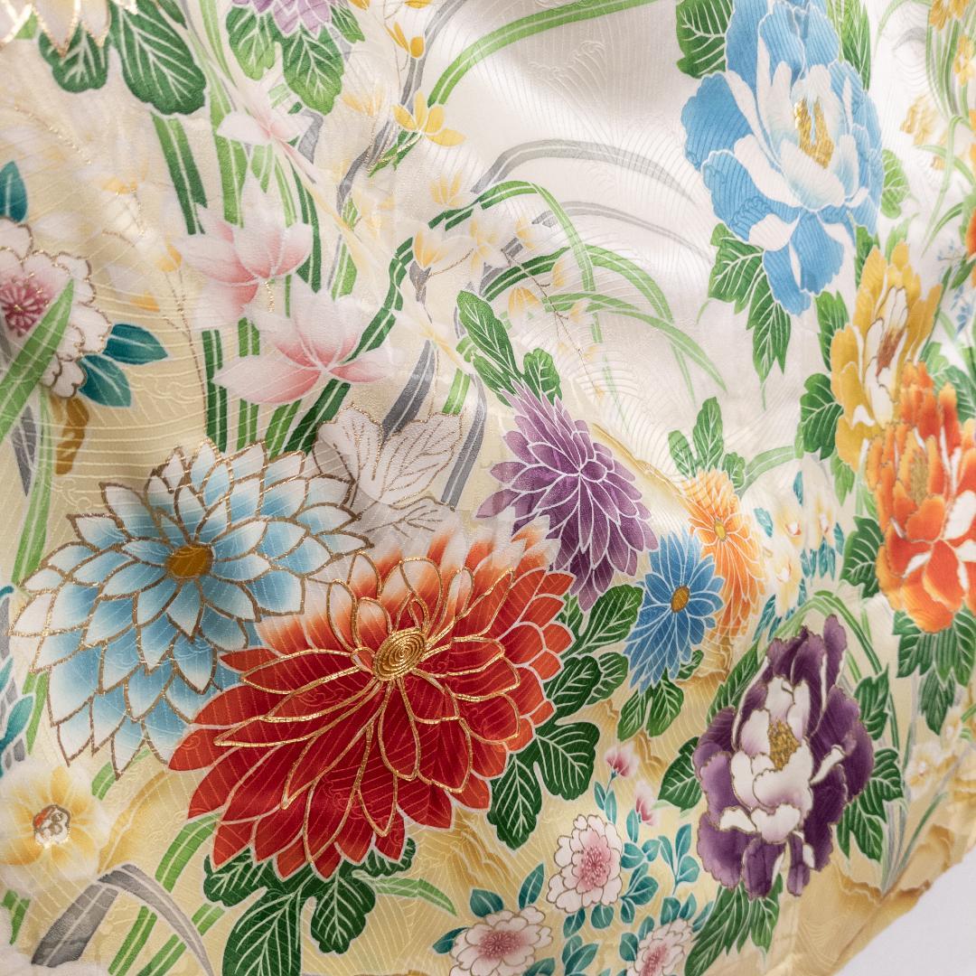 R7SK1314 振袖+帯 2点セット 金彩 草花 豪華 アイボリー 高身長