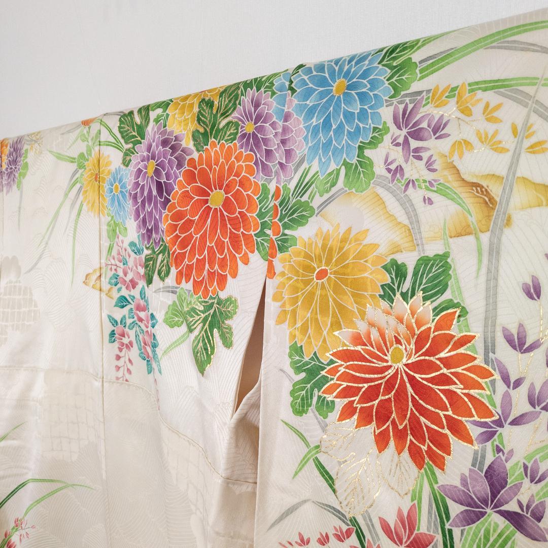 R7SK1314 振袖+帯 2点セット 金彩 草花 豪華 アイボリー 高身長