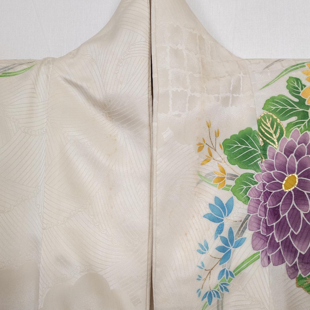 R7SK1314 振袖+帯 2点セット 金彩 草花 豪華 アイボリー 高身長