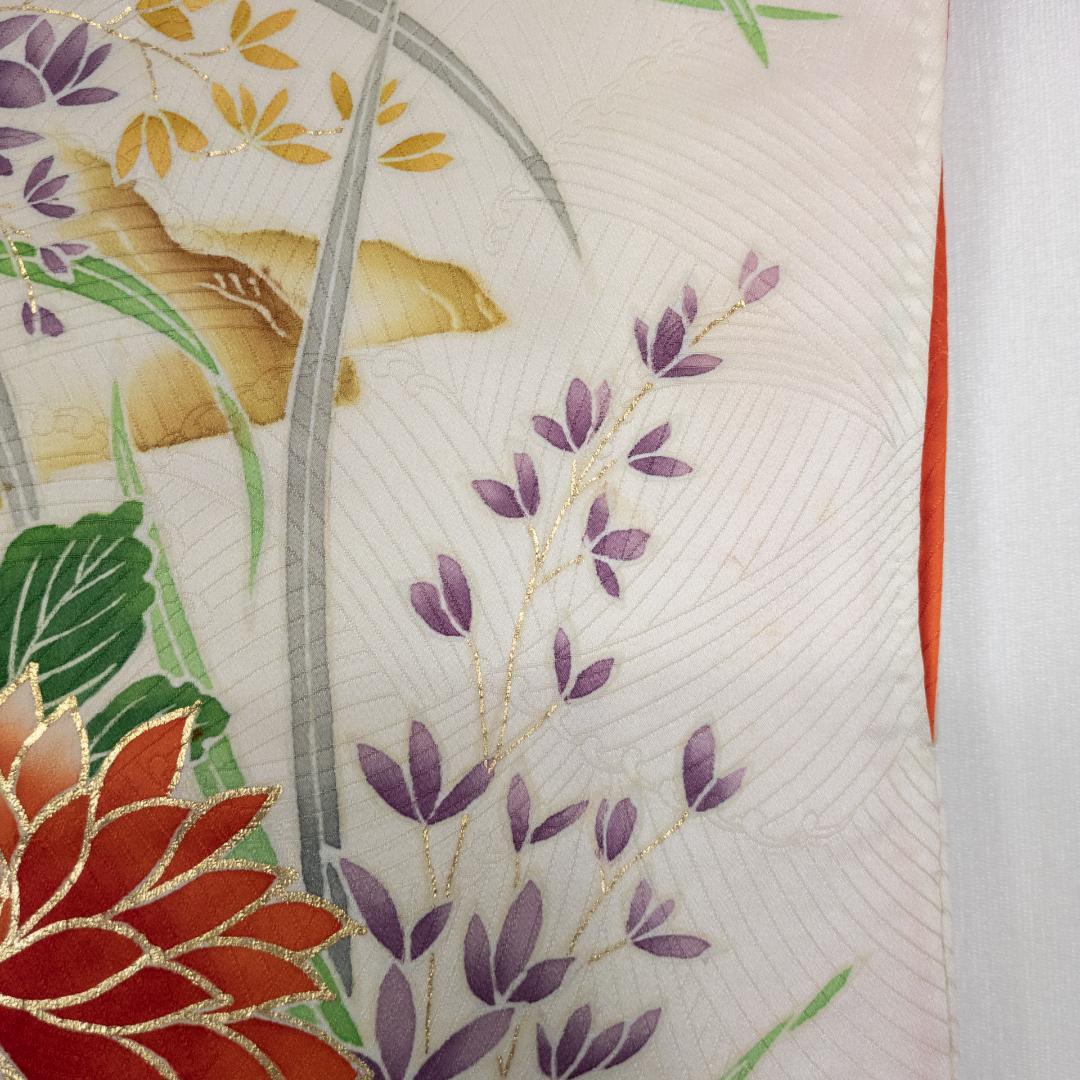 R7SK1314 振袖+帯 2点セット 金彩 草花 豪華 アイボリー 高身長