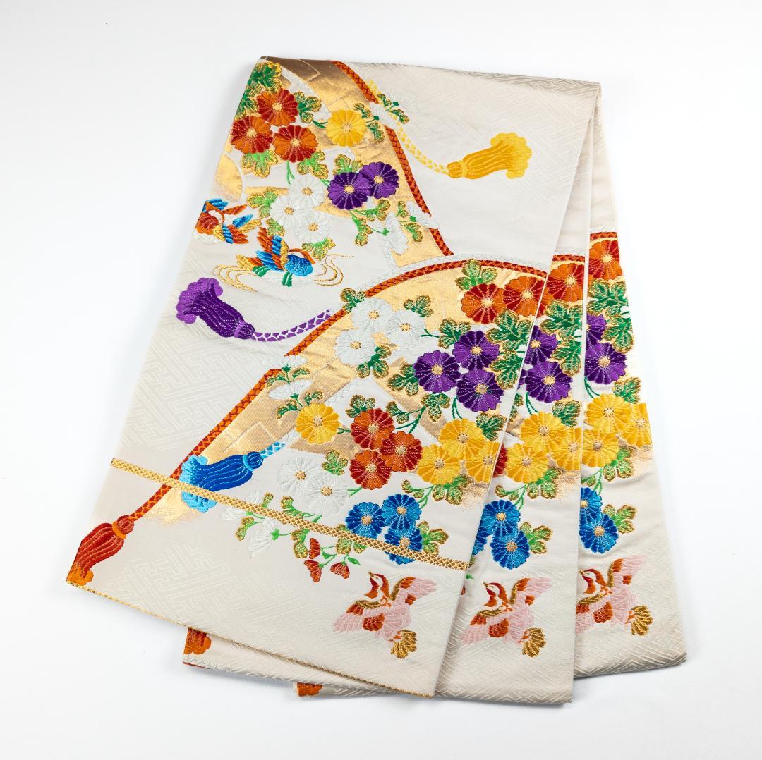 R7SK1314 振袖+帯 2点セット 金彩 草花 豪華 アイボリー 高身長