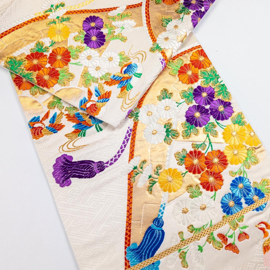 R7SK1314 振袖+帯 2点セット 金彩 草花 豪華 アイボリー 高身長