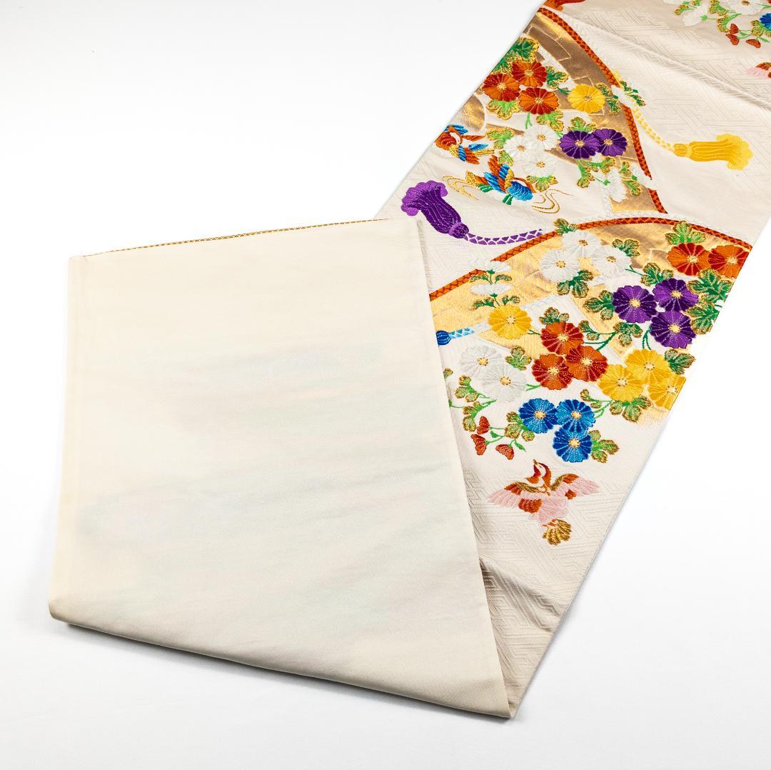 R7SK1314 振袖+帯 2点セット 金彩 草花 豪華 アイボリー 高身長