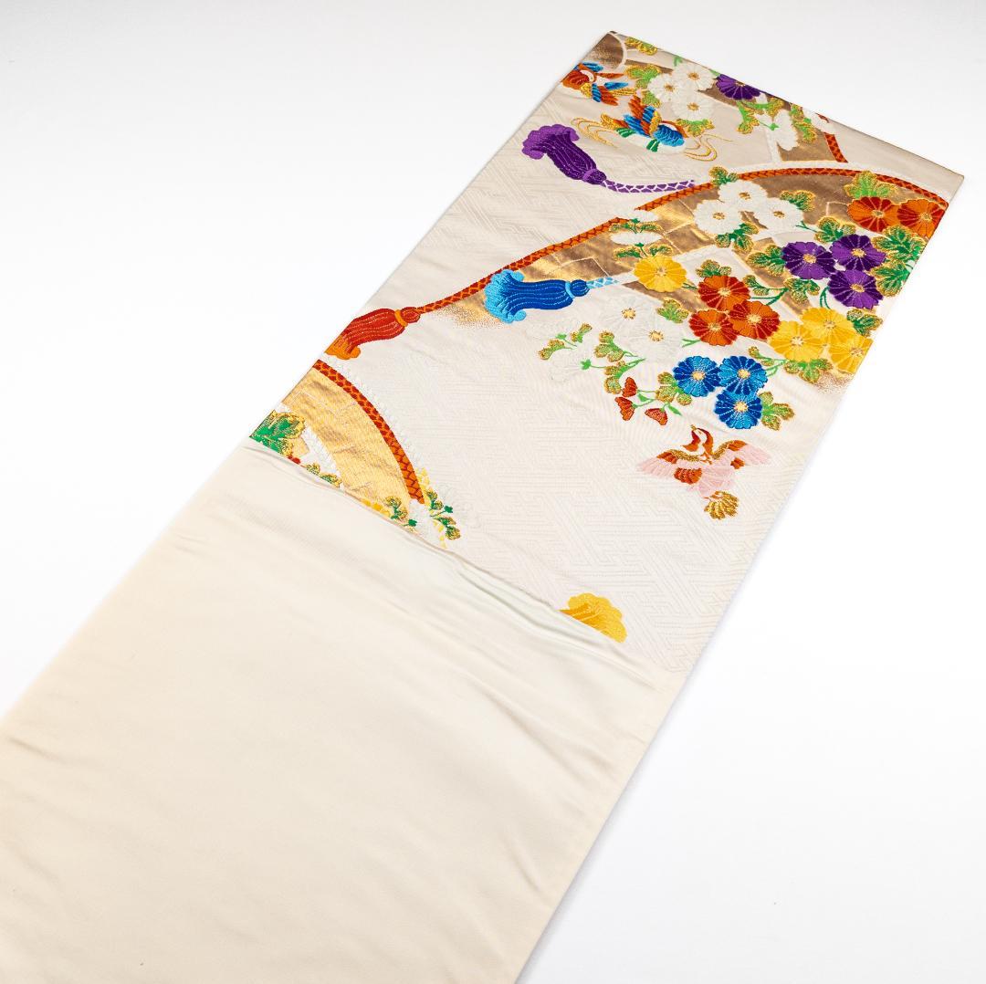 R7SK1314 振袖+帯 2点セット 金彩 草花 豪華 アイボリー 高身長