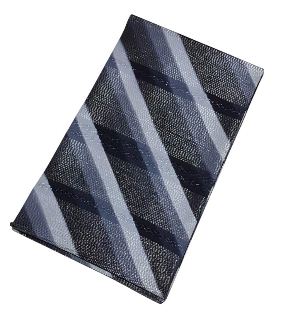 西陣 袋帯 全通柄 正絹 ロートン織風 横段 縞 銀通し 未使用 イ6398