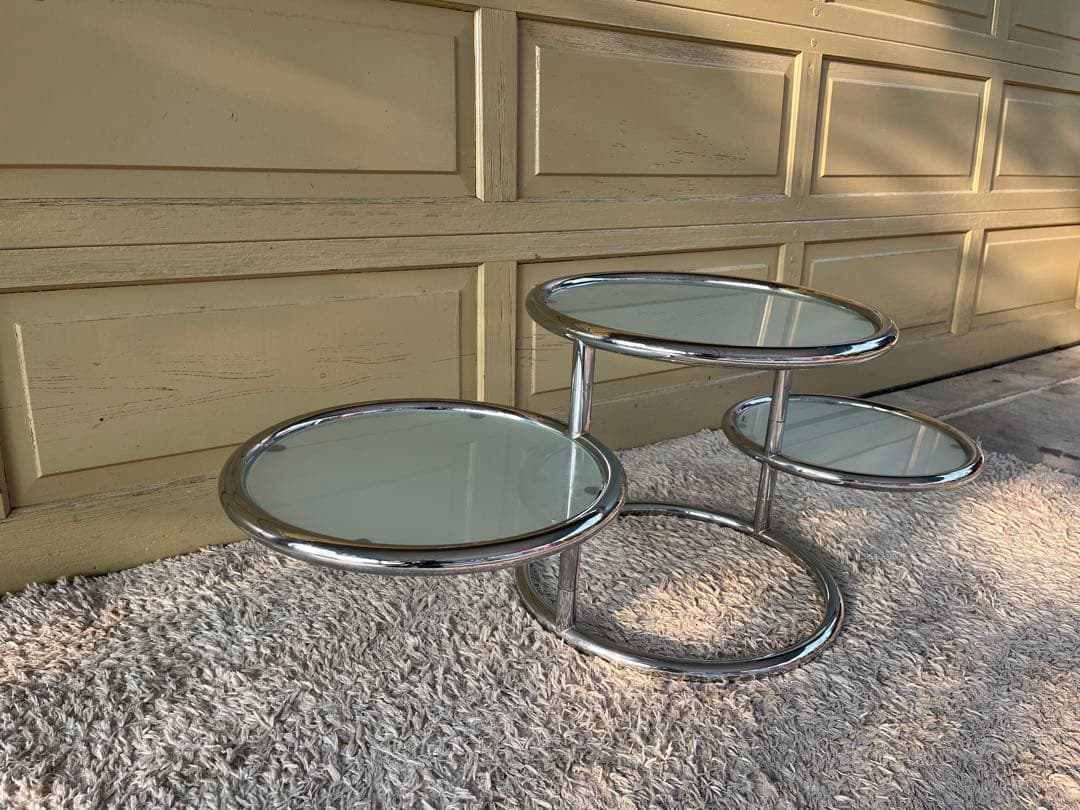 ラウンドテーブル 3段ガラス ミッドセンチュリー モダン スペースエイジスタイル