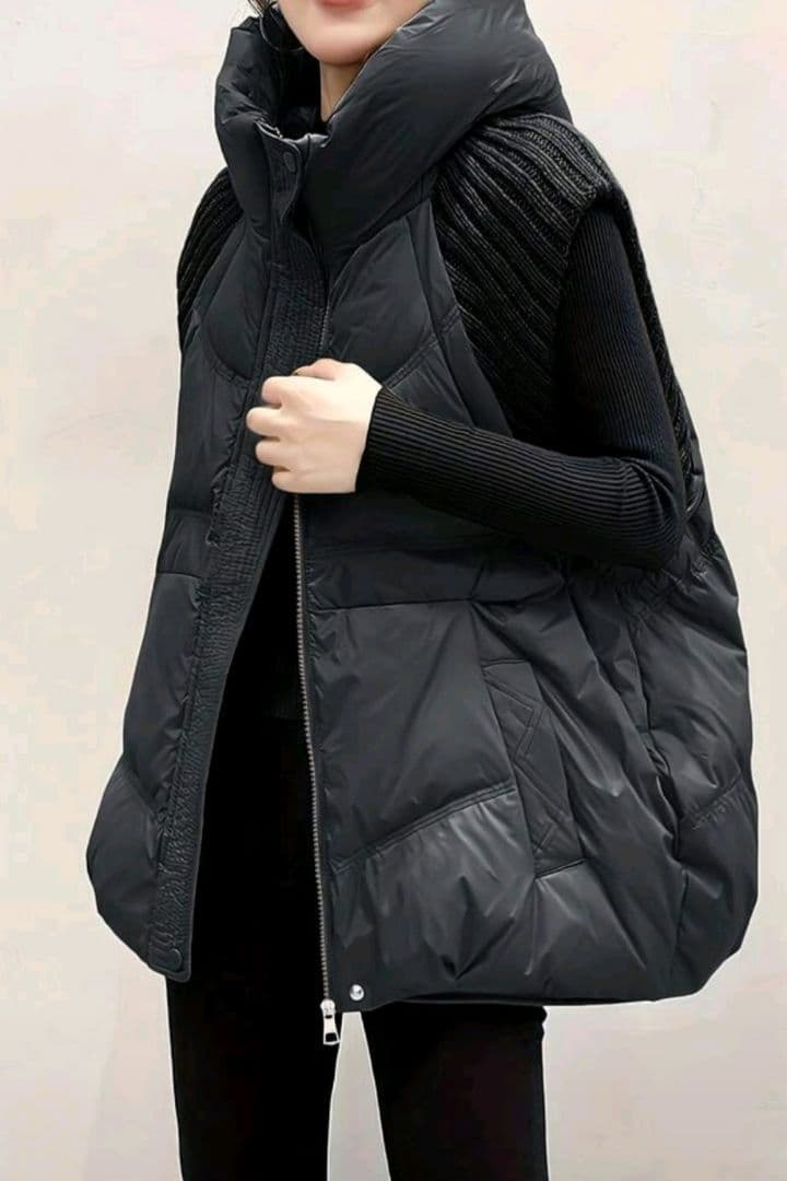 ニットドッキングダウンベスト フード ダウンベスト ブラック フード付き 中綿