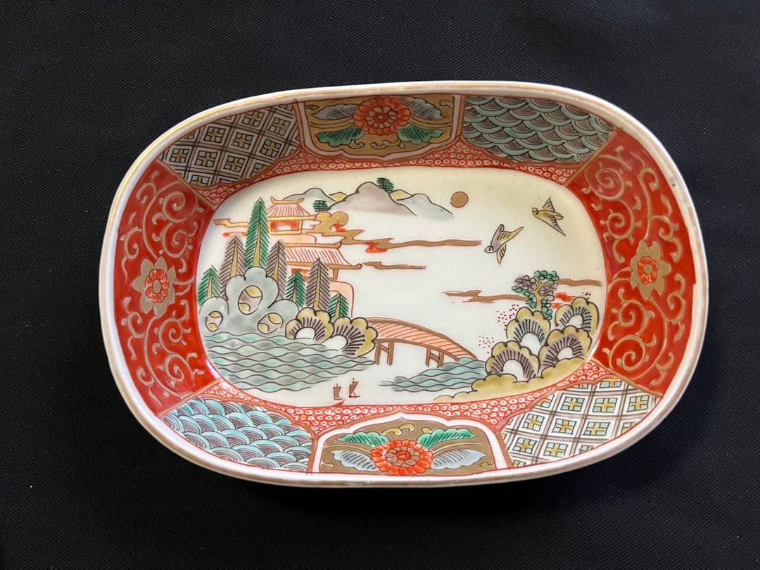 -*♡様 【手描き】 色絵 削り高台 長角皿 8客 管理A3700 有田 古伊万