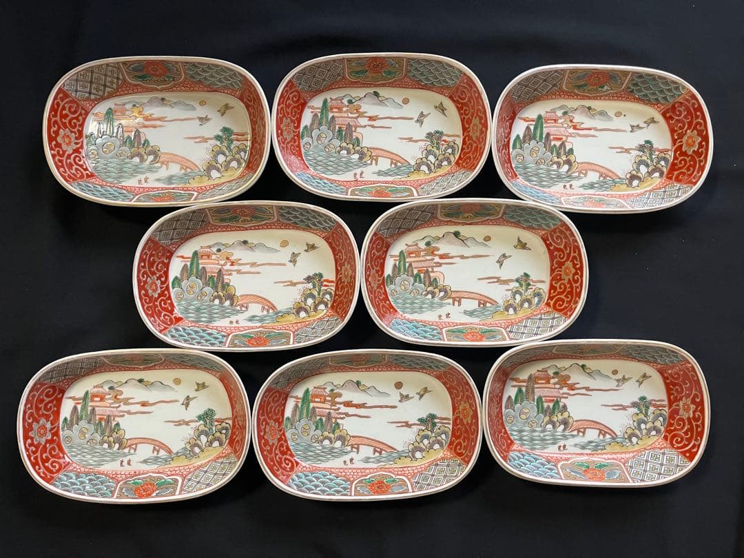 -*♡様 【手描き】 色絵 削り高台 長角皿 8客 管理A3700 有田 古伊万