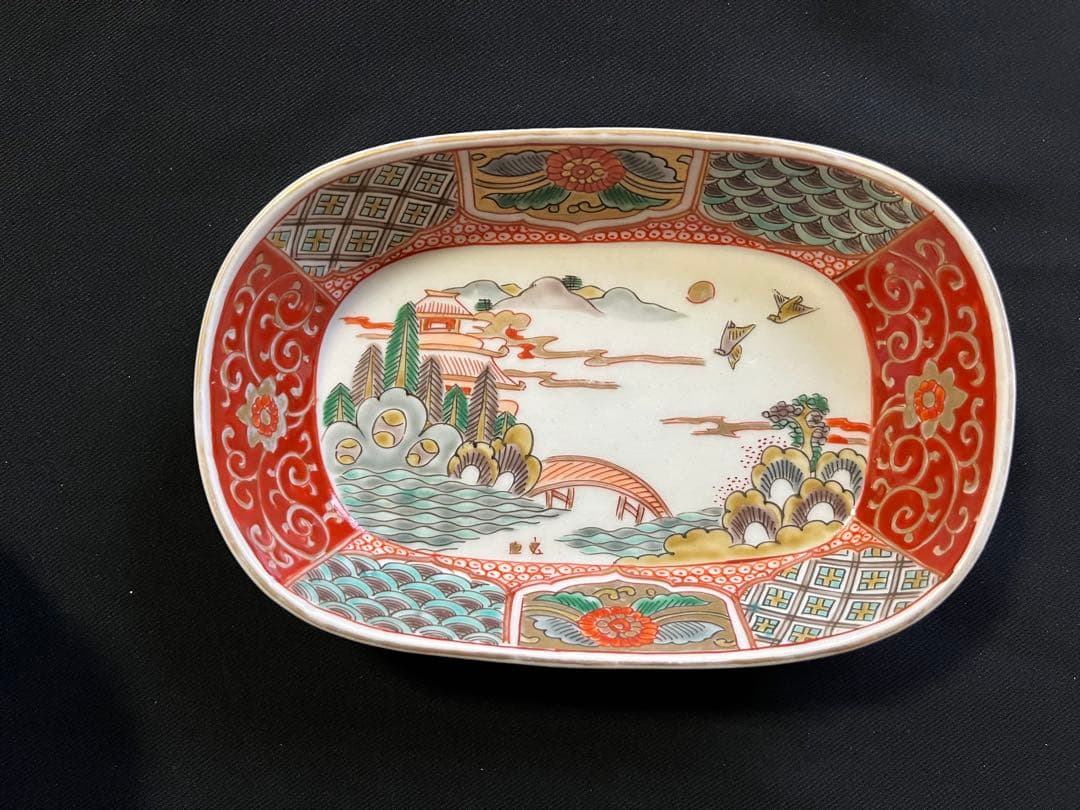 -*♡様 【手描き】 色絵 削り高台 長角皿 8客 管理A3700 有田 古伊万