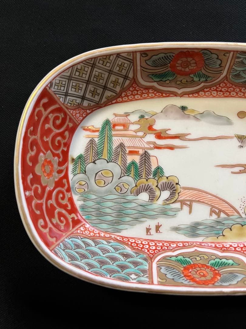 -*♡様 【手描き】 色絵 削り高台 長角皿 8客 管理A3700 有田 古伊万