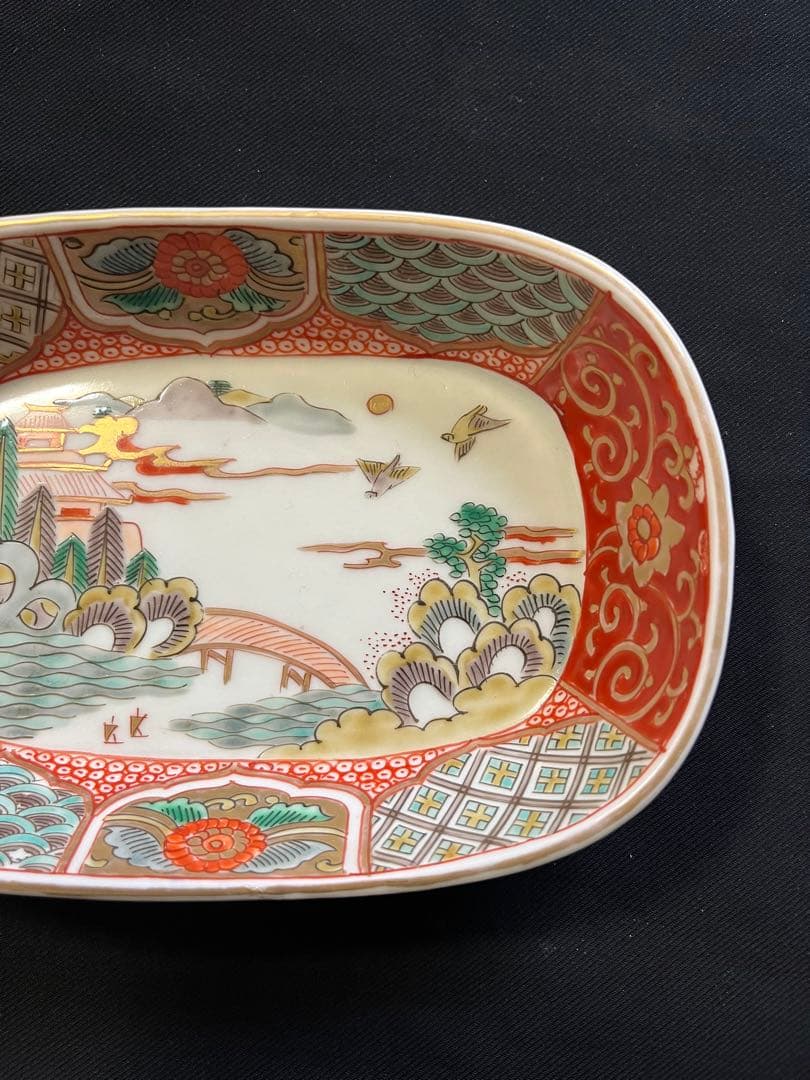 -*♡様 【手描き】 色絵 削り高台 長角皿 8客 管理A3700 有田 古伊万