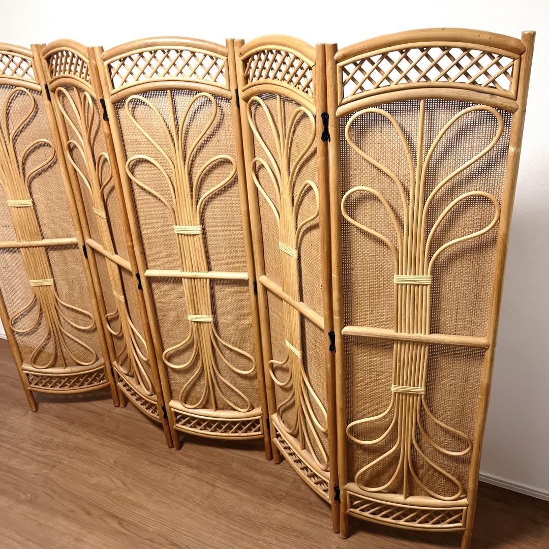 籐家具 ラタン 5連 パーテーション ブラインド 間仕切り 衝立 昭和レトロ
