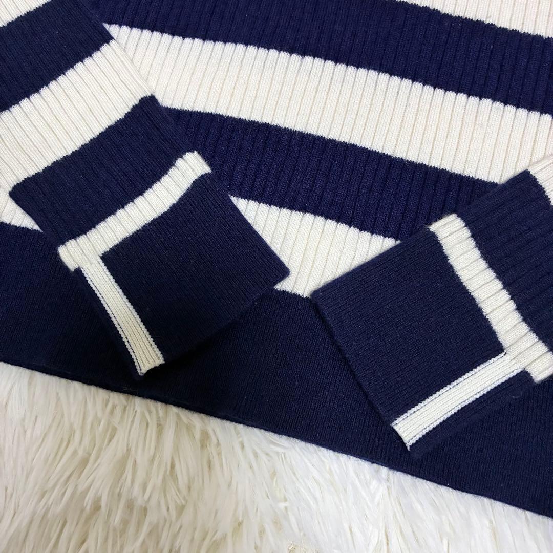 美品✨ パーリーゲイツ ウールカシミヤ ボーダー柄ハイネックニット（5）L 白紺