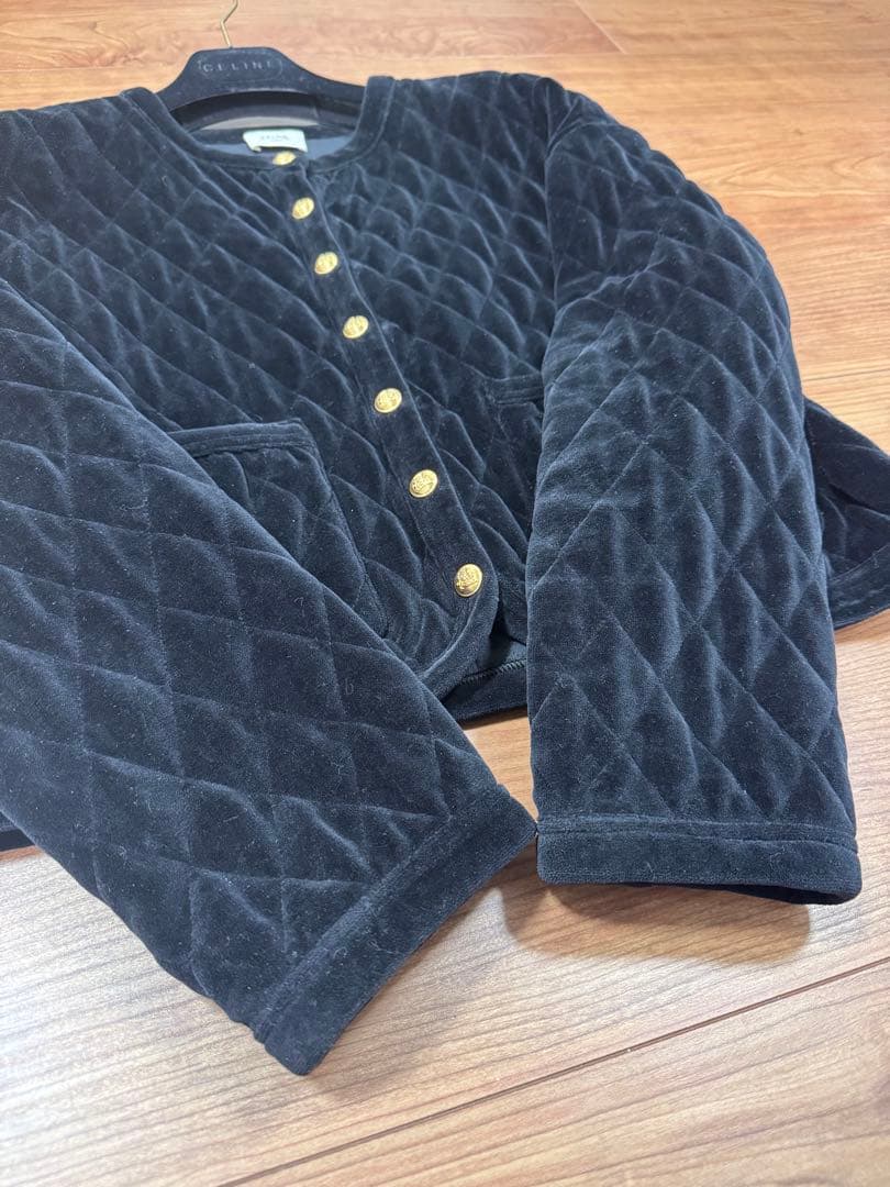 CELINE セリーヌ ブラックベロアキルティングノーカラージャケット