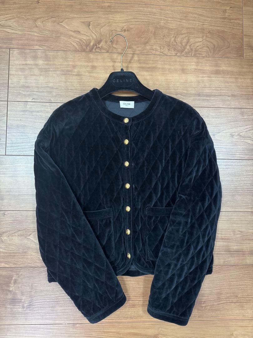 CELINE セリーヌ ブラックベロアキルティングノーカラージャケット
