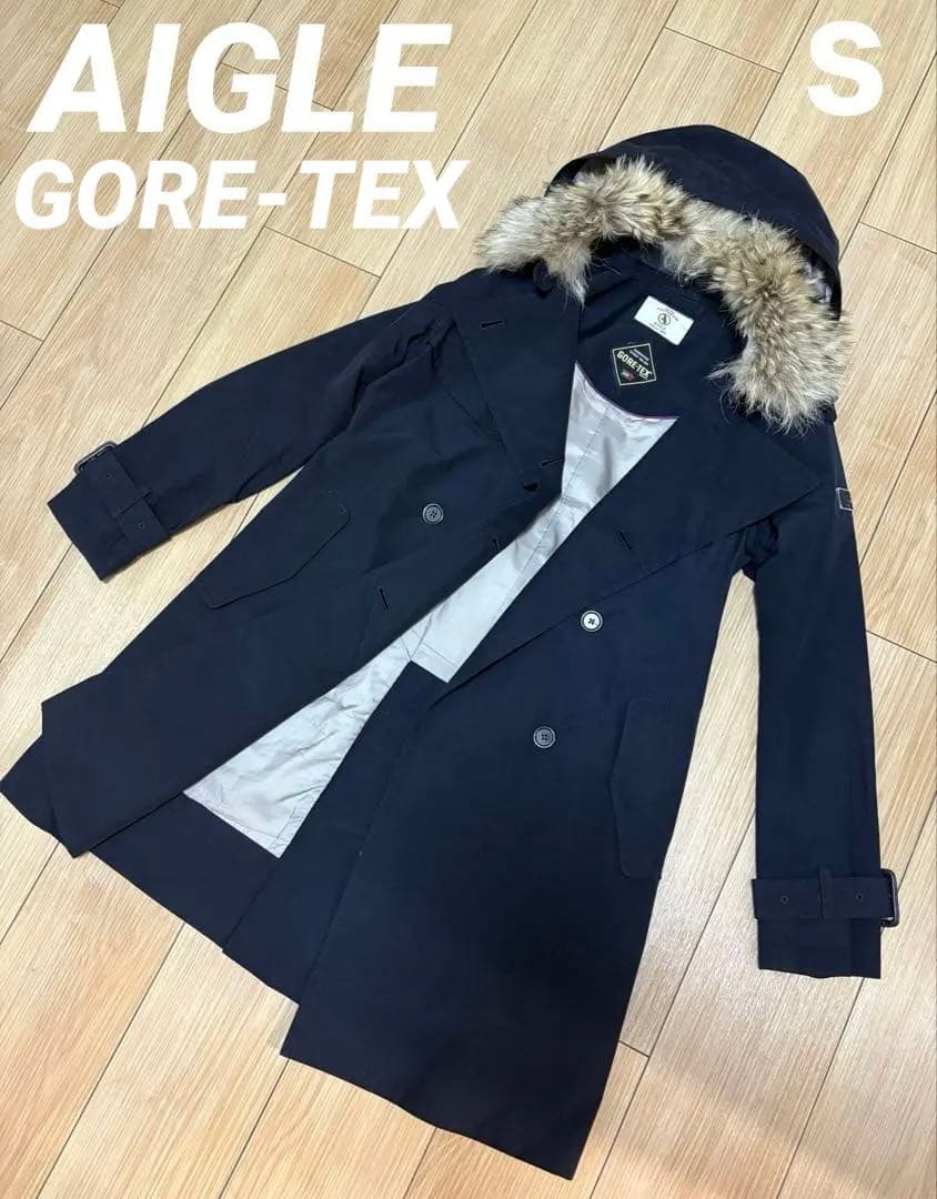 AIGLE エーグル GORETEX ファー付きトレンチコート黒 レディース　S