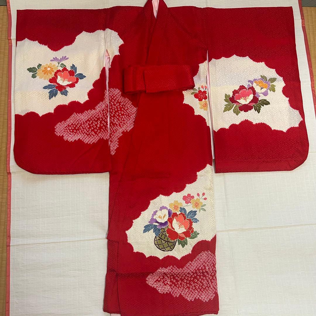 七五三 3歳 フルセット 総絞り 被布 着物 正絹 三歳 草履 巾着 753