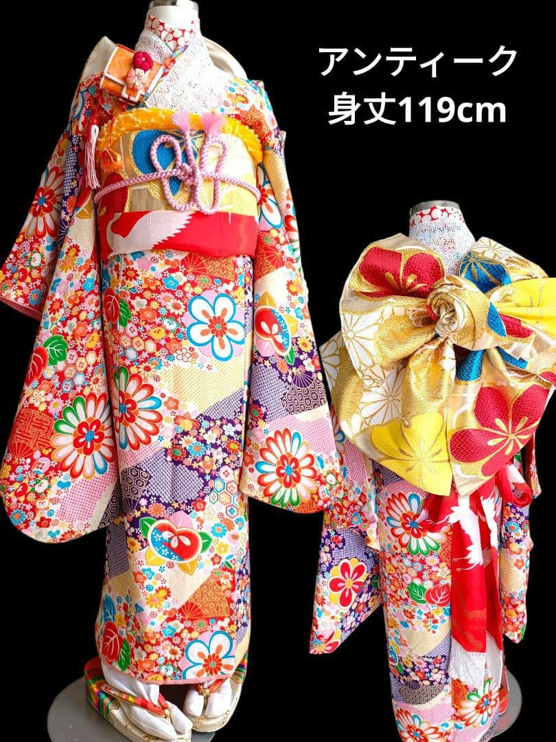 ☆アンティークレトロポップな着物と作り帯☆七五三フルセット