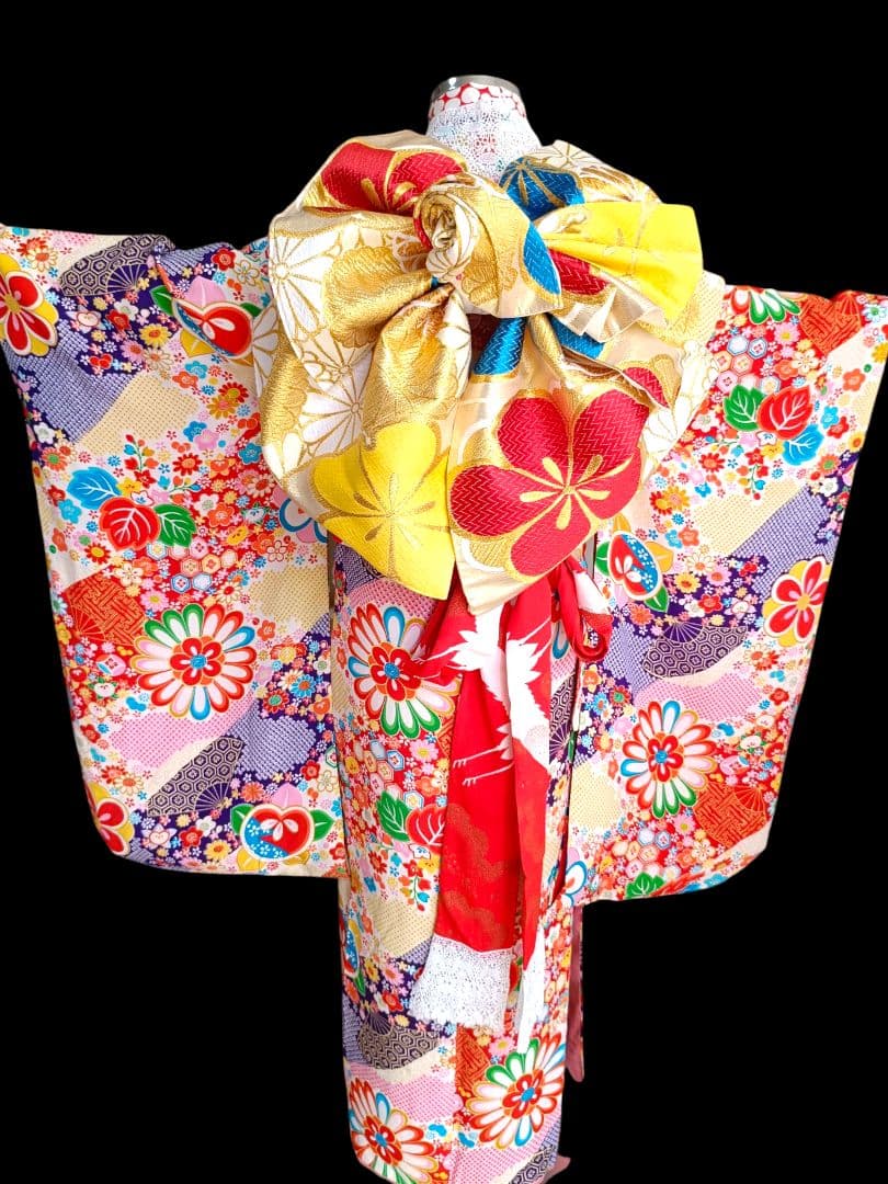☆アンティークレトロポップな着物と作り帯☆七五三フルセット