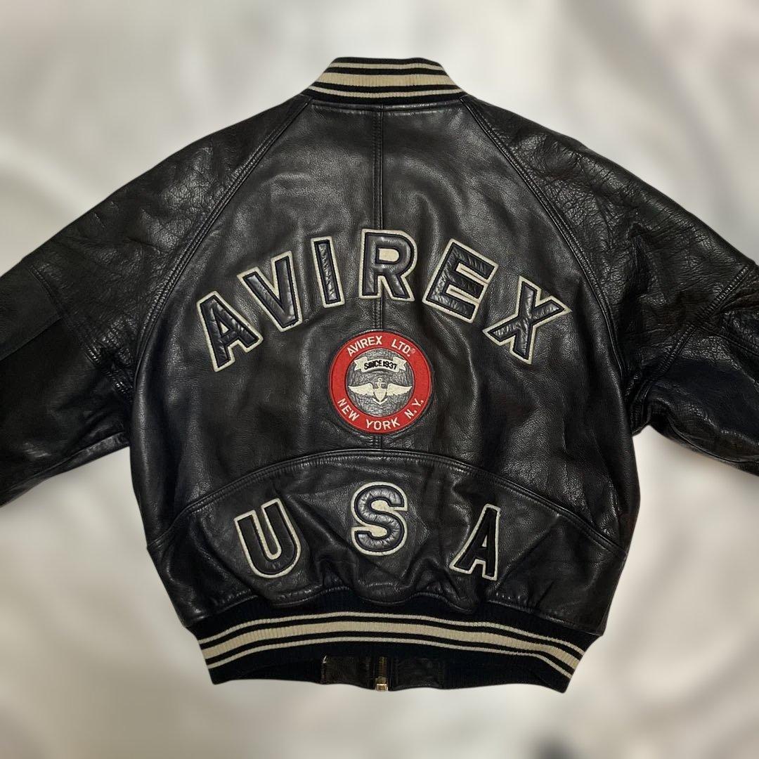 AVIREX レザー スタジャン 紺色 US Sサイズ(日本MからLサイズ)