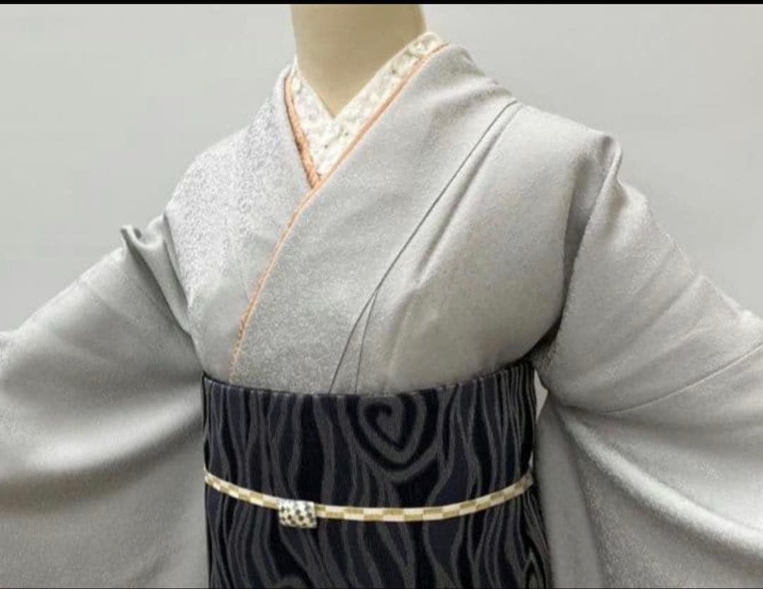 【超希少トールサイズ】正絹 色無地 グレー 花唐草 裄70 身丈173.5