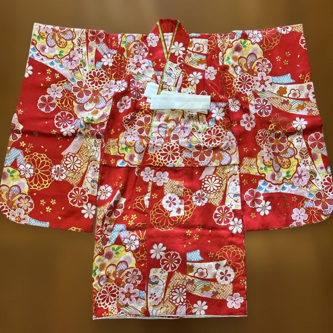 七五三 3歳被布セット　正絹　赤　古典柄