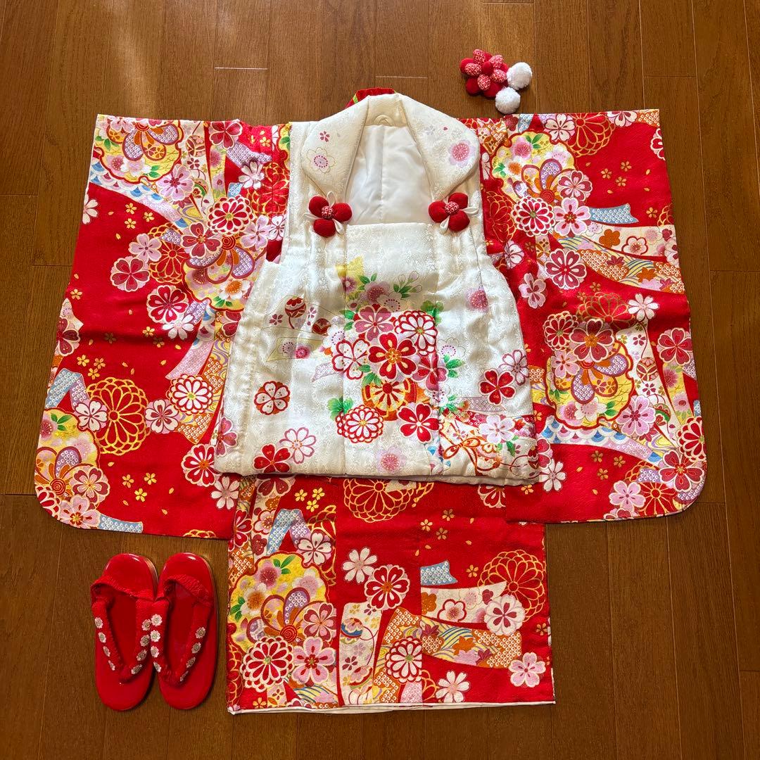 七五三 3歳被布セット　正絹　赤　古典柄