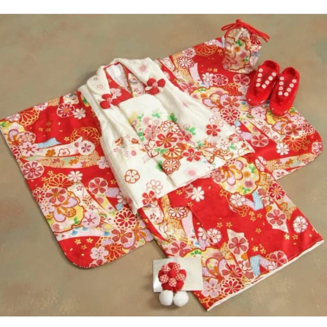 七五三 3歳被布セット　正絹　赤　古典柄