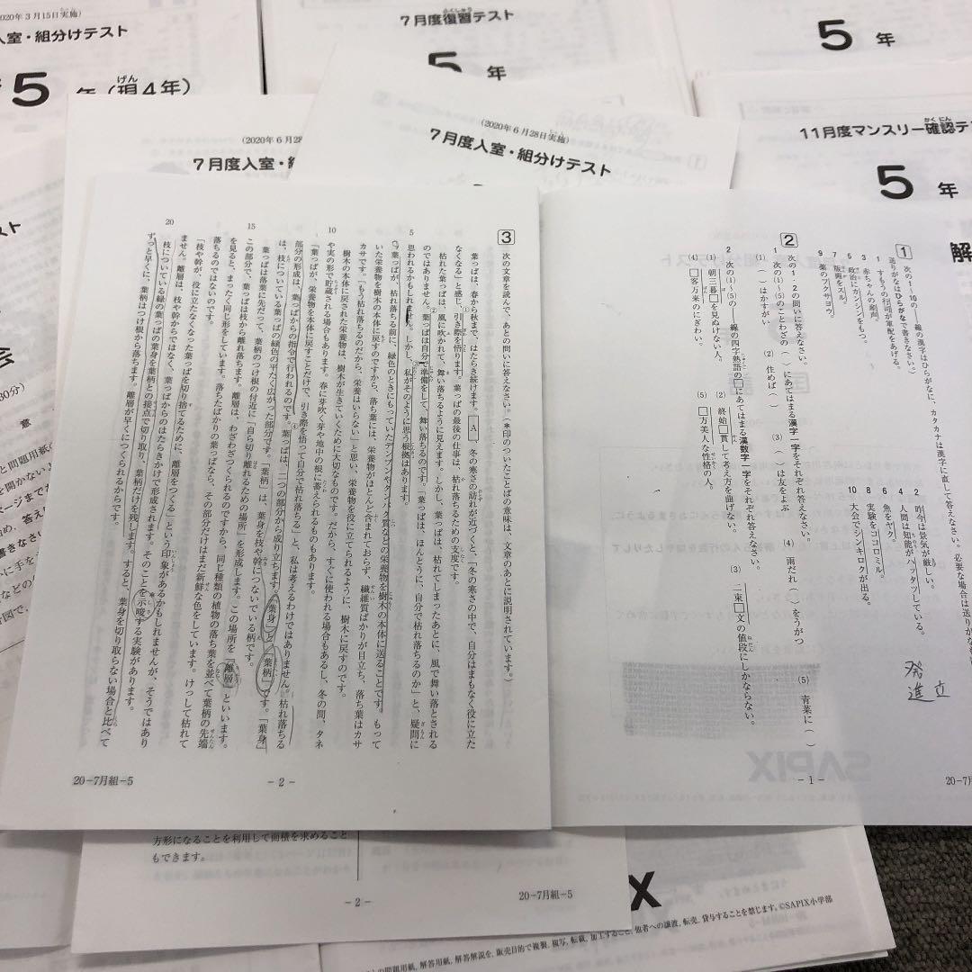 2020年度版　サピックス　5年　マンスリー確認/復習/組分けテスト他　計10回