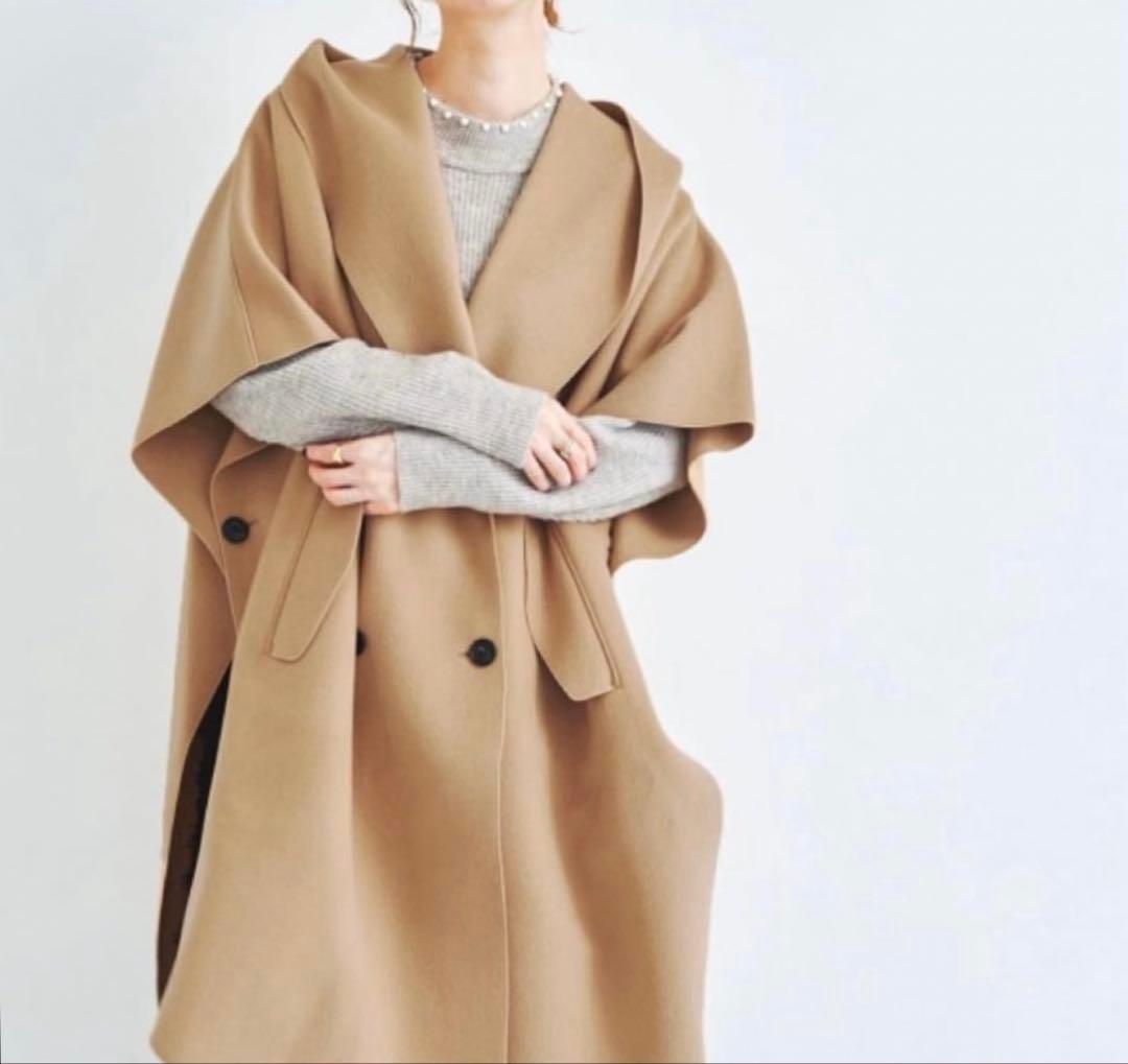 極美品 Vaneum クロークフーディポンチョコート ライトベージュ