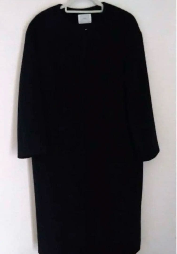 IÉNA 黒 ロングコート　ラムウールノーカラーコートロング丈　38