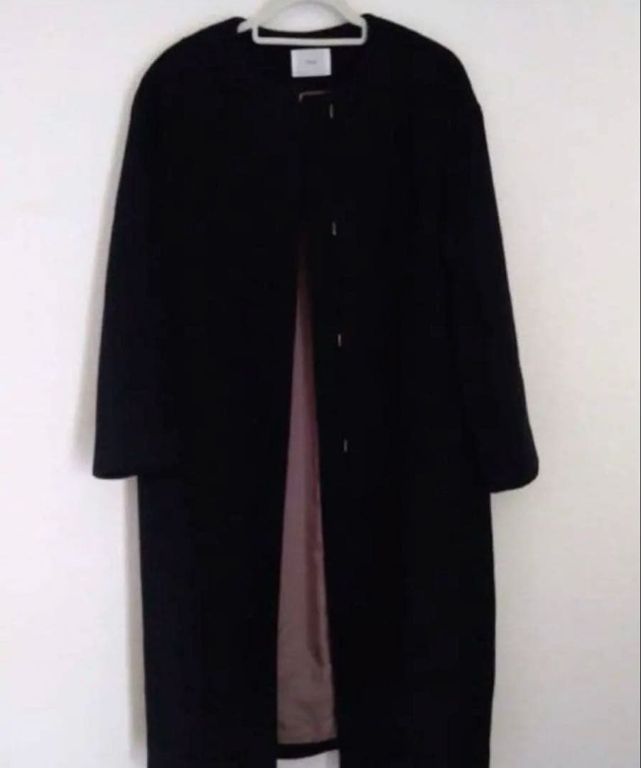 IÉNA 黒 ロングコート　ラムウールノーカラーコートロング丈　38