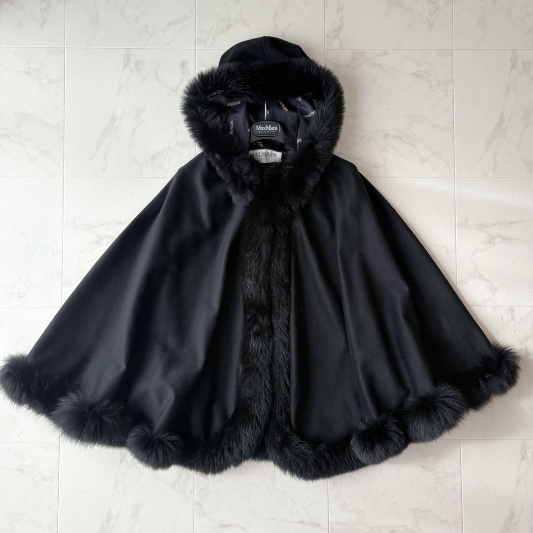最高級✨《バルマン》カシミヤ100% フォックスファー 裏地シルク ポンチョ