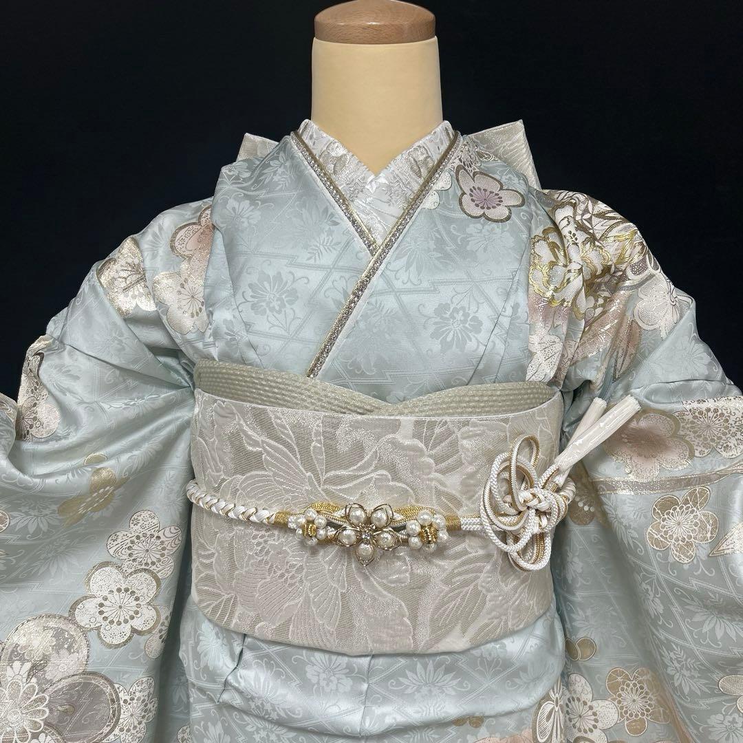 水色の上品な金彩銀彩の牡丹や手毬の振袖フルセット